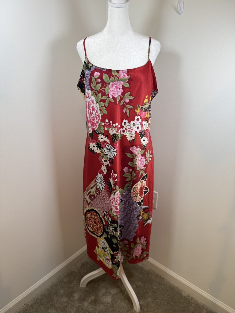 Natori Floral Printed Satin Ankle Length Slip Dress Nightgown Large Red Floral